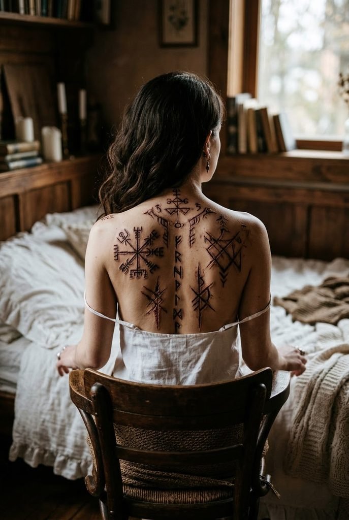 Frightened woman with mysterious occult symbols on her back in a dark bedroom during a paranormal encounter.”